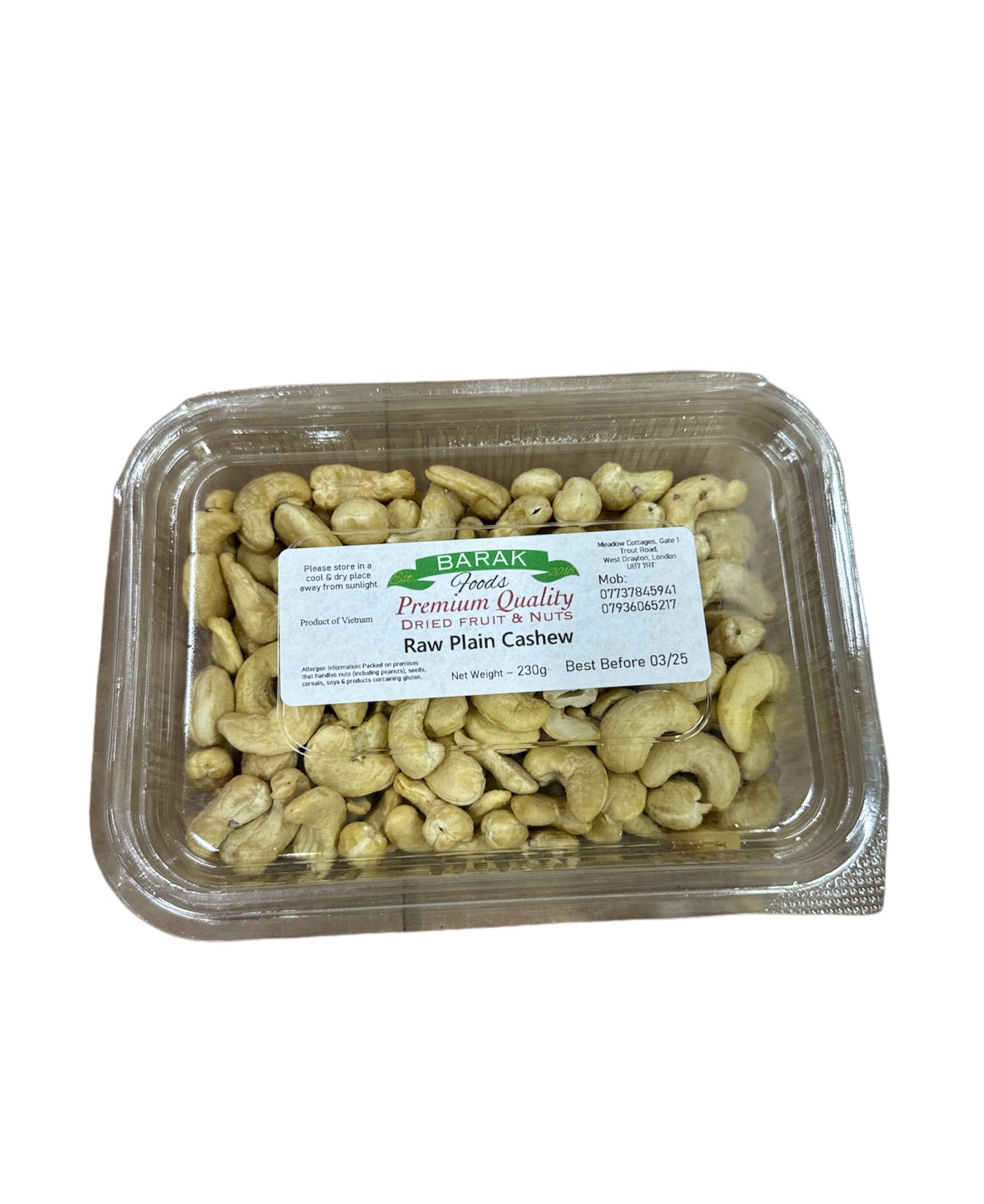 Barak Foods Raw Plain Cashew 230g